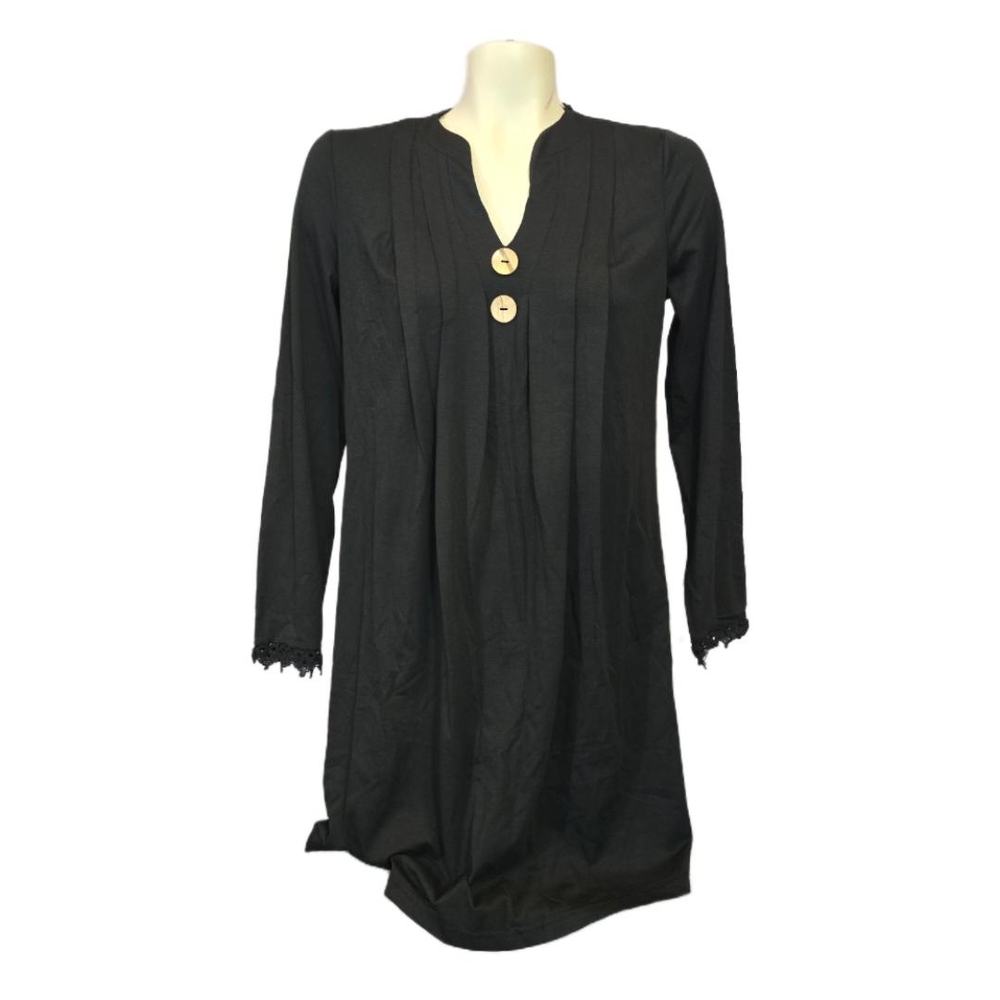 Black Long Sleeve Tunic Dress with Button Detail